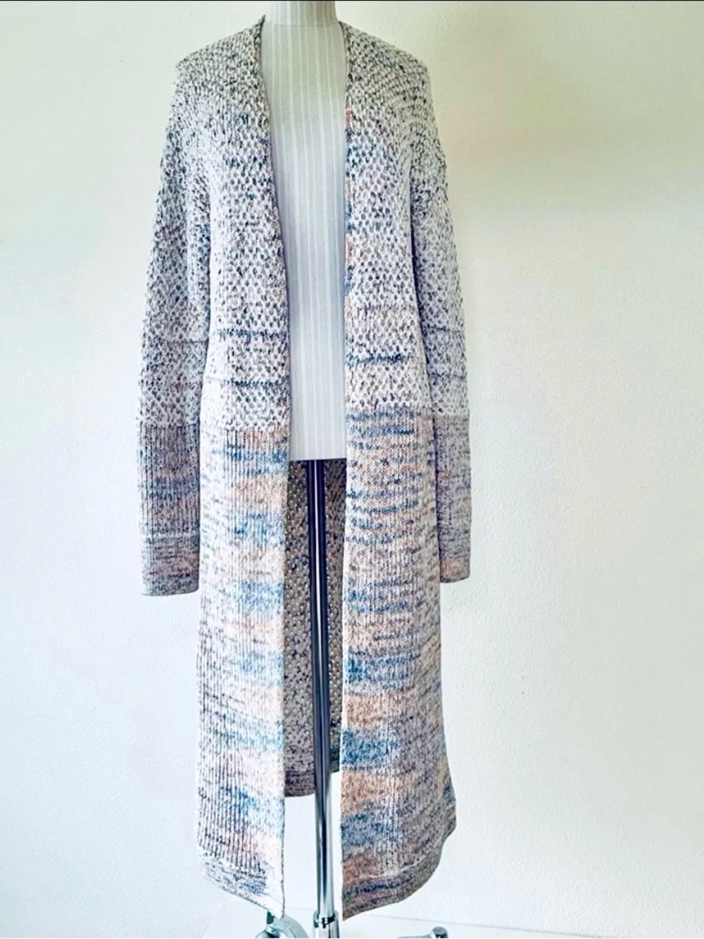 prAna Long Open Front Greta Duster Cardigan Sweater Marled Knit-Blue-Rose-Medium - Picture 1 of 16